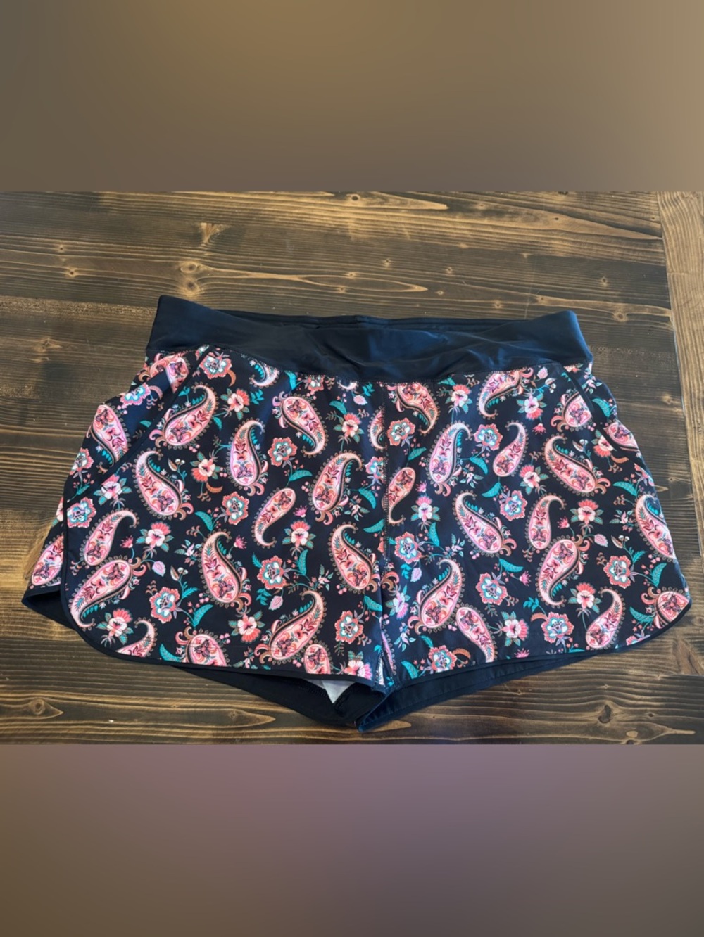 Lands' End Women’s Black & Pink Paisley Print Swim Shorts Size 16